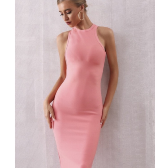 NEW! PINK PEACH CORAL HIGH NECK BANDAGE DRESS - Picture 4 of 14